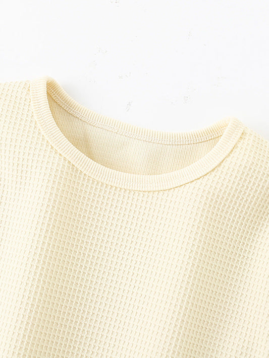 Summer Baby Kids Unisex Simple Plain Waffle Grid Beige T-Shirt And