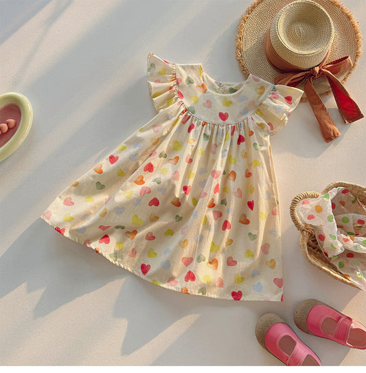 Summer Baby Kids Girls Fly Sleeves Colorful Heart Pattern Dress