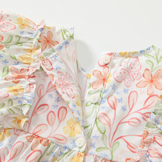 Summer Baby Kids Floral Pattern T-shirt and Beige Shorts Clothing Set