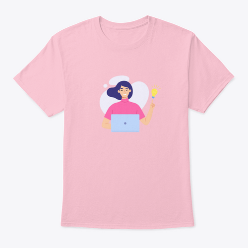 Young Woman Using Laptop With Bright Light Bulb Wearing A Pink Clothe
