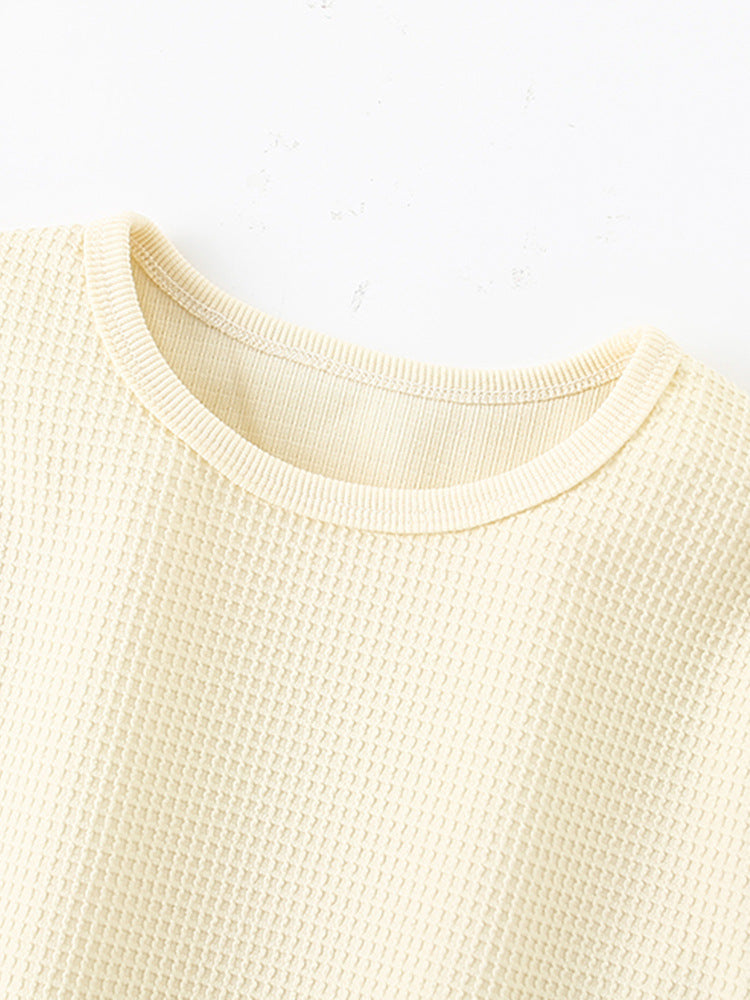 Summer Baby Kids Unisex Simple Plain Waffle Grid Beige T-Shirt And