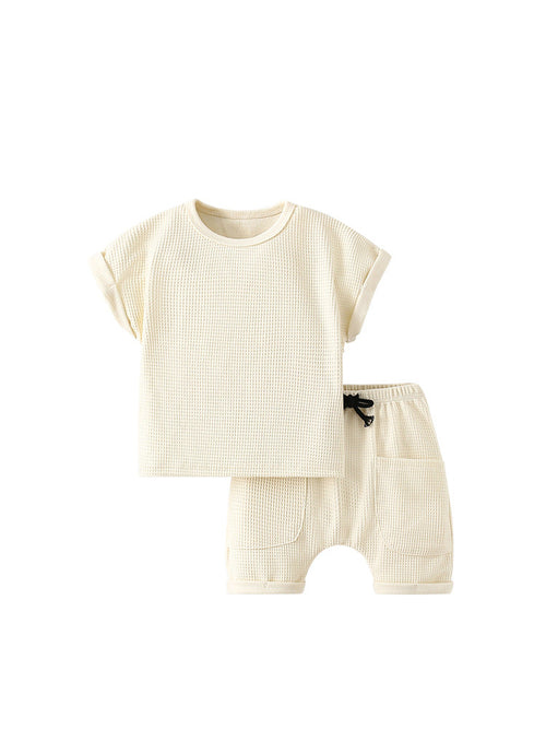 Summer Baby Kids Unisex Simple Plain Waffle Grid Beige T-Shirt And